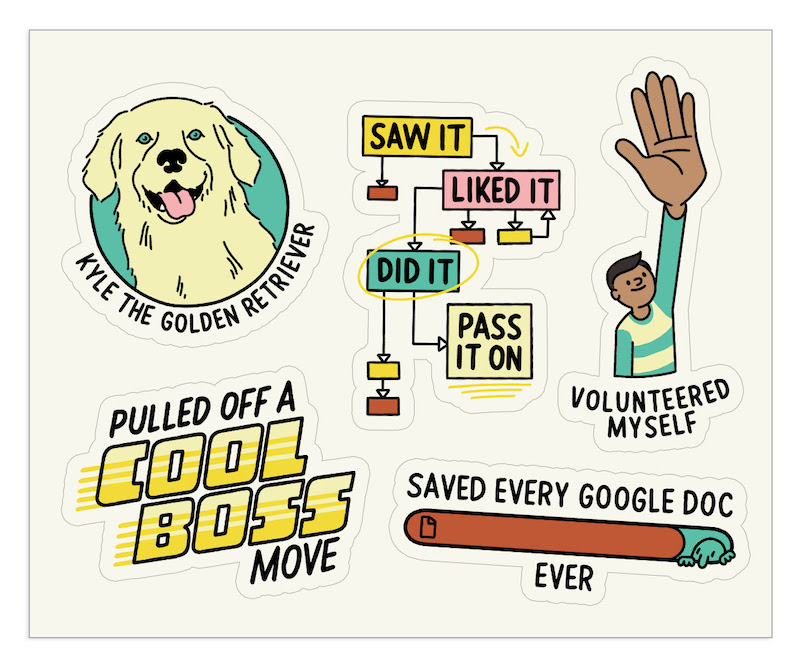 Digital sticker illustrations of a golden retriever, a status bar, a flow chart, a man raising his hand, and text that says "pulled off a cool boss move."