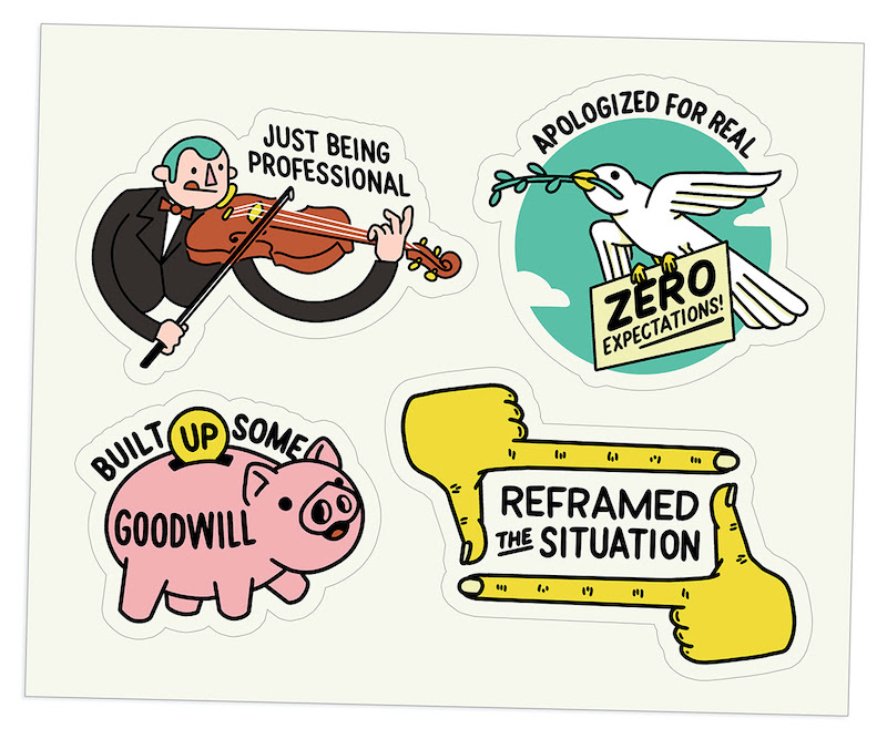 Four digital sticker illustrations [1] Cartoon man with green hair playing violin captioned "Just Being Professional" [2] Bird with olive branch labels "Apologized for real" carrying sign reading "Zero expectations!" [3] Piggy bank captioned "Built up some goodwill" [4] Cartoon hands with really long fingers making a view finder labeled "reframed the situation"