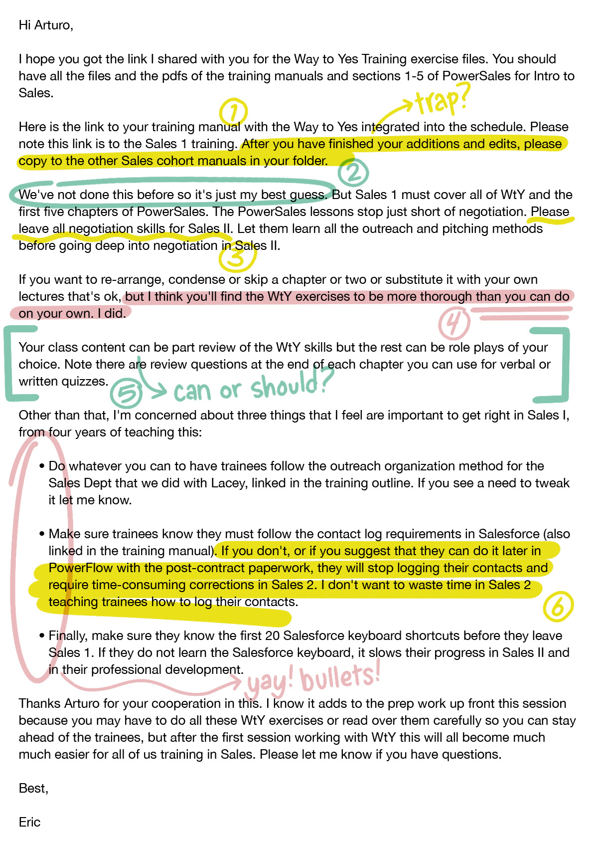 Example email before edits highlighted throughout with numbered annotations