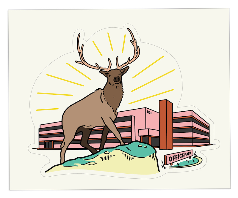 Illustration of a elk buck standing majestically in front of a pink office park