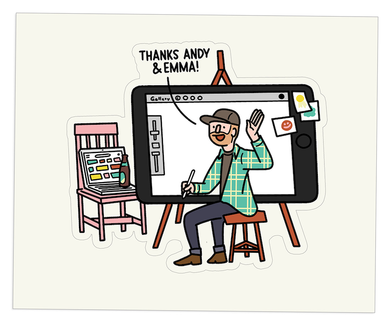 Cartoon version of a Norman Rockwell painting of a man drawing in front of a tablet and computer